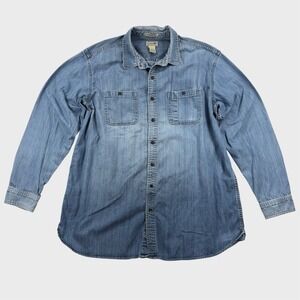 L.L. Bean Men's XLT 100% Cotton Long Sleeve Button Up Denim Shirt Distressed